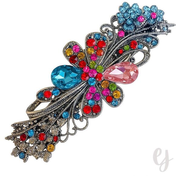 Jeweled Flower Barrette – Colorful Crystal Floral Design - Picture 1 of 9